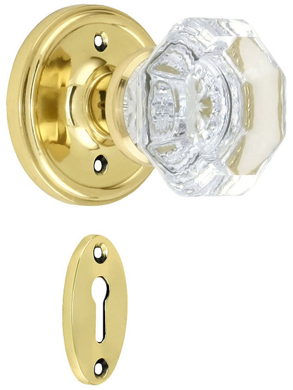 Classic Rosette Mortise Lock Set With Waldorf Crystal Knobs in Polished Brass.